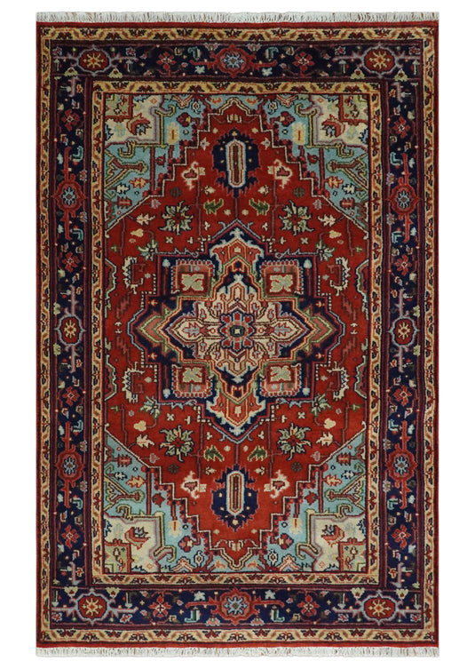 HandKnotted Heriz Serapi Rug Navy Blue, and Rust Ideal for Living, Bedroom, and Dining Room 5x8, 6x9, 8x10, 9x12 and 10x14 Wool Rug