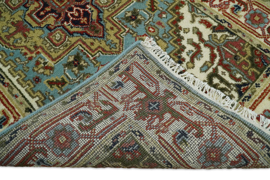 4x6 Persian Heriz Serapi Blue and Ivory Traditional Vintage Hand knotted Wool Rug | Kitchen Entryway, Hallway, Living Room Rug | CP446