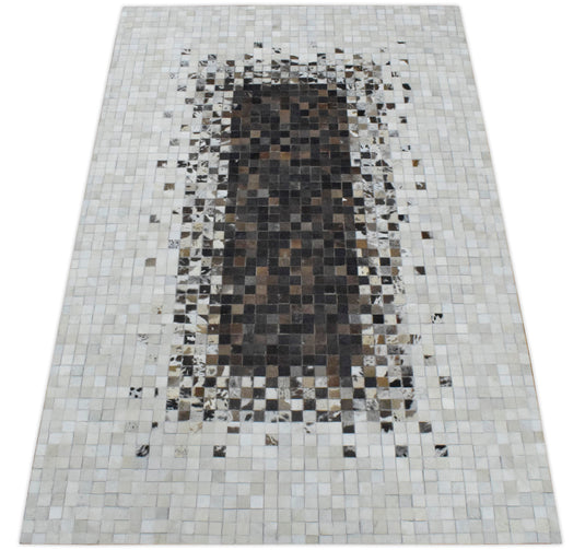 Hairon Leather 5x8 and 8x10 Handmade Brown and Ivory Area Rug, Hand Stitched Genuine Luxury Leather Rug