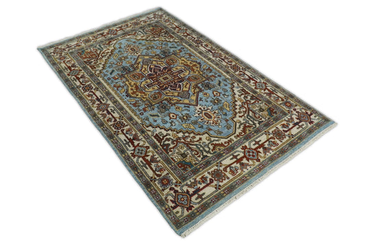 6x9 Blue and Beige Handmade Traditional Vintage Heriz Serapi Rug | CP3269