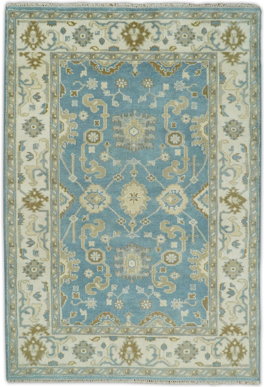 6x9 Vintage Oriental Oushak Blue and Beige Hand Knotted Wool Area Rug | CP1669