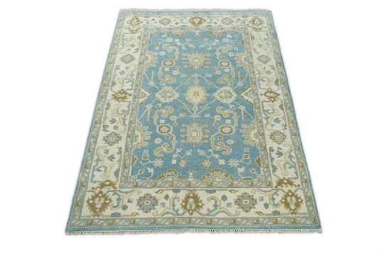 6x9 Vintage Oriental Oushak Blue and Beige Hand Knotted Wool Area Rug | CP1669