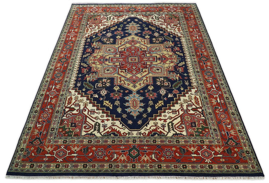 HandKnotted Heriz Serapi Rug Navy Blue and Red 8x10 ft and 10x14 ft Ideal for Living, Bedroom, and Dining Rooms | CP75
