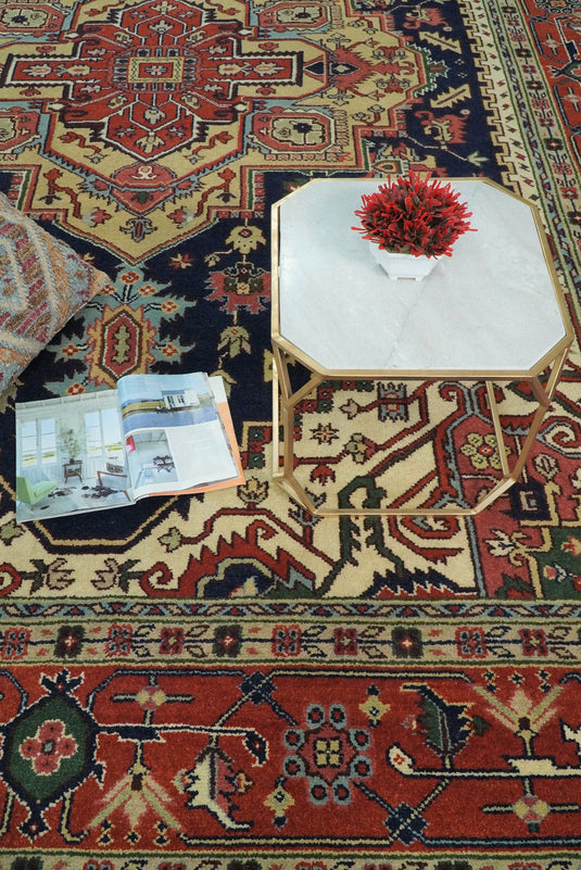 HandKnotted Heriz Serapi Rug Navy Blue and Red 8x10 ft and 10x14 ft Ideal for Living, Bedroom, and Dining Rooms | CP75