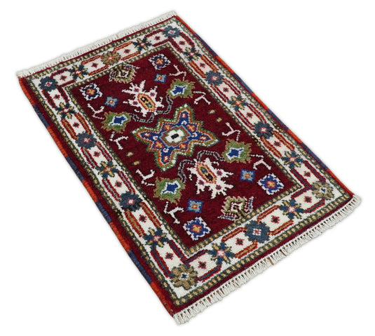 Red and Ivory Wool Hand Knotted 2x3 traditional Persian Vintage Antique Southwestern Kazak, Hallway, Bedside Rug