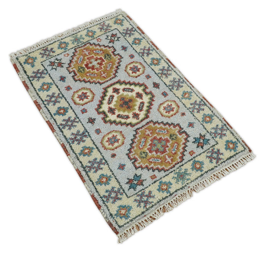 Grey and Camel Wool Hand Knotted 2x3 traditional Persian Vintage Antique Southwestern Kazak, Hallway, Bedside Rug