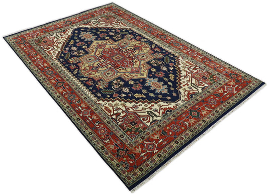 HandKnotted Heriz Serapi Rug Navy Blue and Red 8x10 ft and 10x14 ft Ideal for Living, Bedroom, and Dining Rooms | CP75