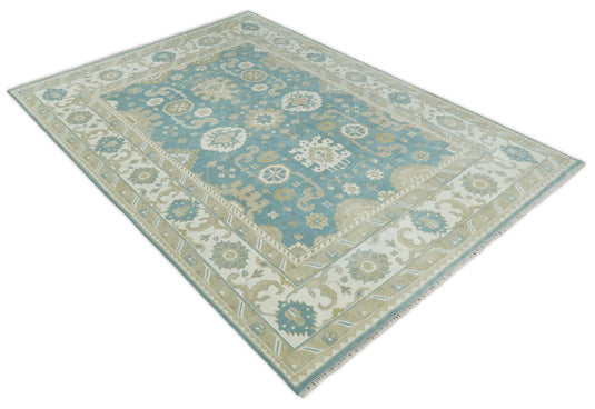 Traditional Blue and Beige Hand knotted 10x14 Vintage Oriental Oushak Area Rug, Living Room, Dinning and Kitchen Rug | CP73B1014
