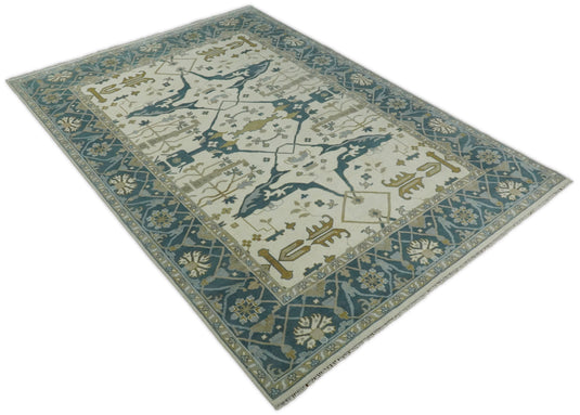 Traditional Ivory and Blue Hand knotted 10x14 Vintage Oriental Oushak Area Rug, Living Room, Dinning and Kitchen Rug | CP741014