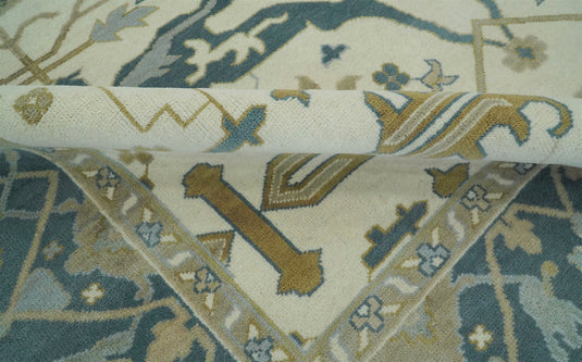 Traditional Ivory and Blue Hand knotted 10x14 Vintage Oriental Oushak Area Rug, Living Room, Dinning and Kitchen Rug | CP741014