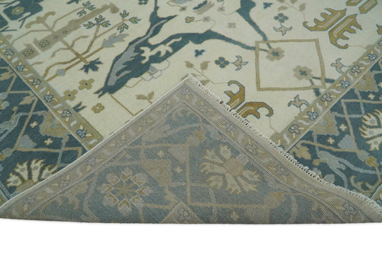 Traditional Ivory and Blue Hand knotted 10x14 Vintage Oriental Oushak Area Rug, Living Room, Dinning and Kitchen Rug | CP741014