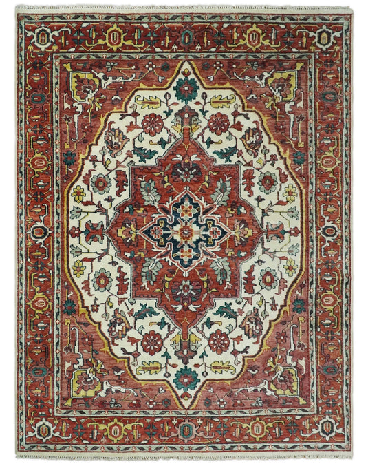 5x8, 6x9, 8x10, 9x12 and 10x14 Red and Ivory Hand Knotted Antique Turkish Large Traditional Vintage Wool Rug, Living Room Rug | CP89S