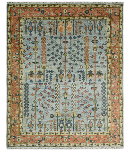 Blue and Rust, Tree of Life Vintage Persian Hand Knotted, Antique Turkish 5x8, 6x9, 8x10, 9x12, 10x14, 12x15 Wool Rug, Living Room | CP204