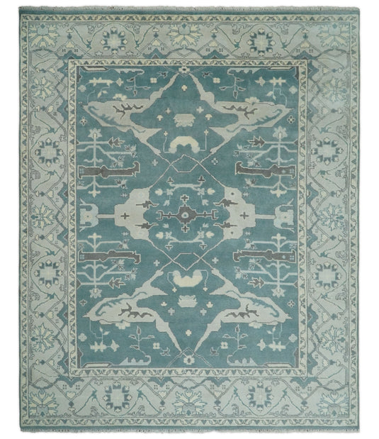 Hand Knotted 8x10 Vintage Oriental Traditional Blue and Ivory Wool Area Rug | CP217810