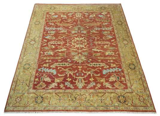 Hand Knotted Traditional 8x10 Rust and Beige Antique Turkish Vintage Wool Rug, Living Room, Bedroom and Dinning Rug