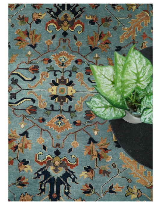 8x10 Fine Hand Knotted Blue and Ivory Traditional Vintage Persian Style Serapi Heriz Antique Wool Rug, Living Room Rug | CP540810