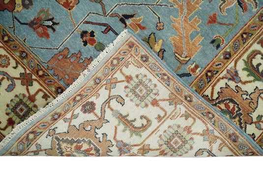 8x10 Fine Hand Knotted Blue and Ivory Traditional Vintage Persian Style Serapi Heriz Antique Wool Rug, Living Room Rug | CP540810