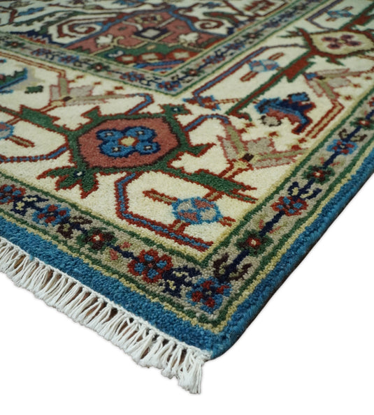 8x10 Fine Hand Knotted Beige, Blue and Ivory Traditional Vintage Persian Style Serapi Heriz Antique Wool Rug, Living Room Rug | CP540810