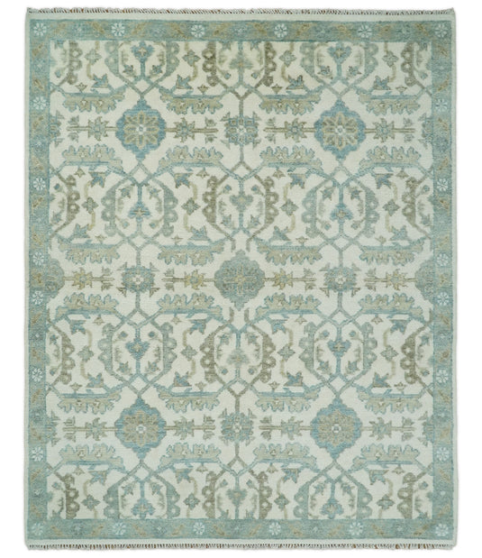 Hand Knotted Large Antique Turkish Oushak 8x10 Beige and Blue Wool Area Rug, Pastel Rug, Living Room, Bedroom and Dinning Rug | CP428