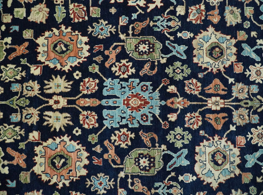 8x10 Fine Hand Knotted Navy Blue and Red Traditional Vintage Persian Style Serapi Heriz Antique Wool Rug, Living Room Rug