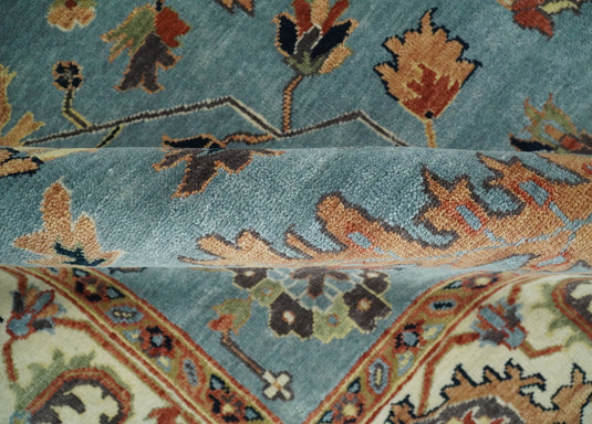 8x10 Fine Hand Knotted Blue and Ivory Traditional Vintage Persian Style Serapi Heriz Antique Wool Rug, Living Room Rug | CP540810
