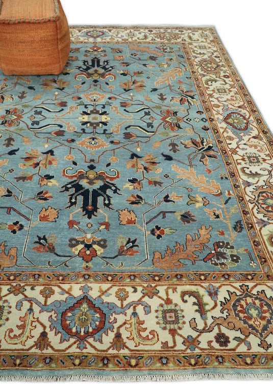 8x10 Fine Hand Knotted Blue and Ivory Traditional Vintage Persian Style Serapi Heriz Antique Wool Rug, Living Room Rug | CP540810