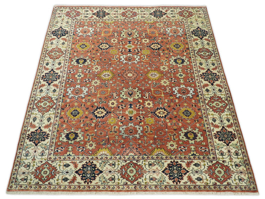 Traditional Vintage Style 8x10 Fine Hand Knotted Terracotta and Beige Antique Wool Rug | CP529810