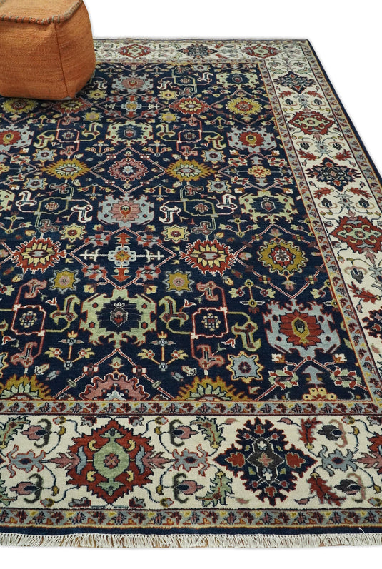 Traditional 8x10 Fine Hand Knotted Blue and Ivory Vintage Persian Style Antique Wool Rug | CP528810