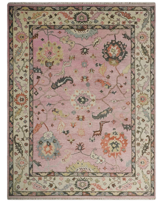 Traditional Hand knotted Oushak 9x12 Wool Persian Pink, Charcoal and Beige Vibrant Colorful Area Rug | CP792912