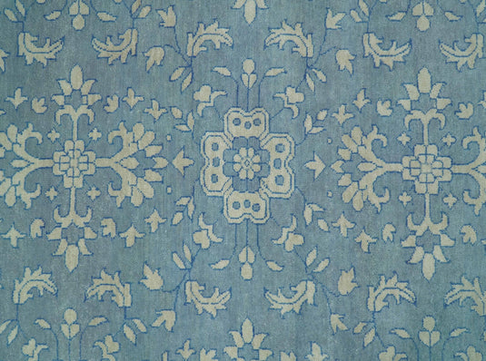 8x10 Hand Knotted Blue and Beige Traditional Vintage Persian Oushak Antique Wool Rug | CP757810