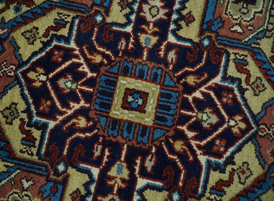 8x10 Fine Hand Knotted Beige, Blue and Ivory Traditional Vintage Persian Style Serapi Heriz Antique Wool Rug, Living Room Rug | CP540810