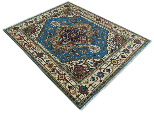 8x10 Fine Hand Knotted Beige, Blue and Ivory Traditional Vintage Persian Style Serapi Heriz Antique Wool Rug, Living Room Rug | CP540810