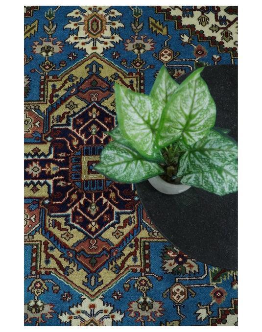 8x10 Fine Hand Knotted Beige, Blue and Ivory Traditional Vintage Persian Style Serapi Heriz Antique Wool Rug, Living Room Rug | CP540810