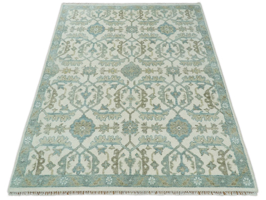 Hand Knotted Large Antique Turkish Oushak 8x10 Beige and Blue Wool Area Rug, Pastel Rug, Living Room, Bedroom and Dinning Rug | CP428