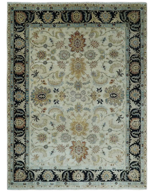 Traditional Fine Hand Knotted Large 9x12 Ivory and Black Vintage Style Mahal Antique Wool Rug, Living Room Rug | CP452912