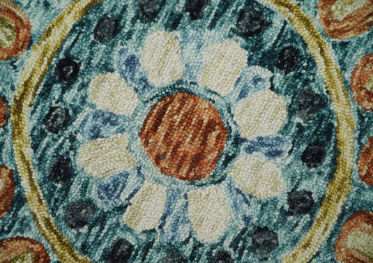 Ivory and Blue Floral Farmhouse Hand Tufted Wool Area Rug, Living Room and Kids Rug | MA4