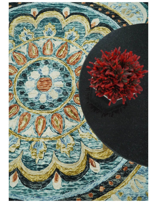 Ivory and Blue Floral Farmhouse Hand Tufted Wool Area Rug, Living Room and Kids Rug | MA4