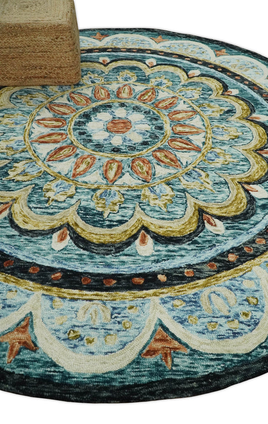 Ivory and Blue Floral Farmhouse Hand Tufted Wool Area Rug, Living Room and Kids Rug | MA4