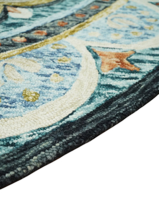 Ivory and Blue Floral Farmhouse Hand Tufted Wool Area Rug, Living Room and Kids Rug | MA4