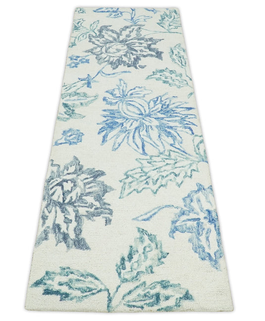Hand Tufted Blue and White Modern Floral Runner Wool Rug, entryway, hallway, bedside, kids, living room and kitchen rug | MA9