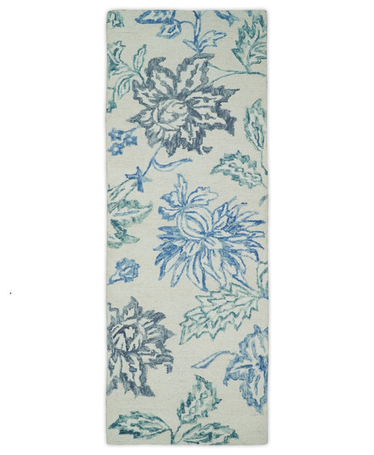 Hand Tufted Blue and White Modern Floral Runner Wool Rug, entryway, hallway, bedside, kids, living room and kitchen rug | MA9