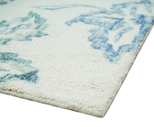 Hand Tufted Blue and White Modern Floral Runner Wool Rug, entryway, hallway, bedside, kids, living room and kitchen rug | MA9