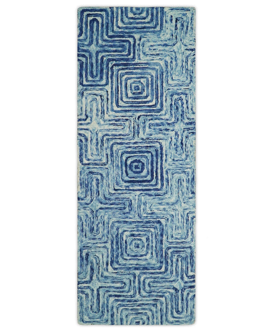 Hand Tufted Blue and White Modern Geometric Runner Wool Rug, entryway, hallway, bedside, kids, kitchen and living room rug | MA8