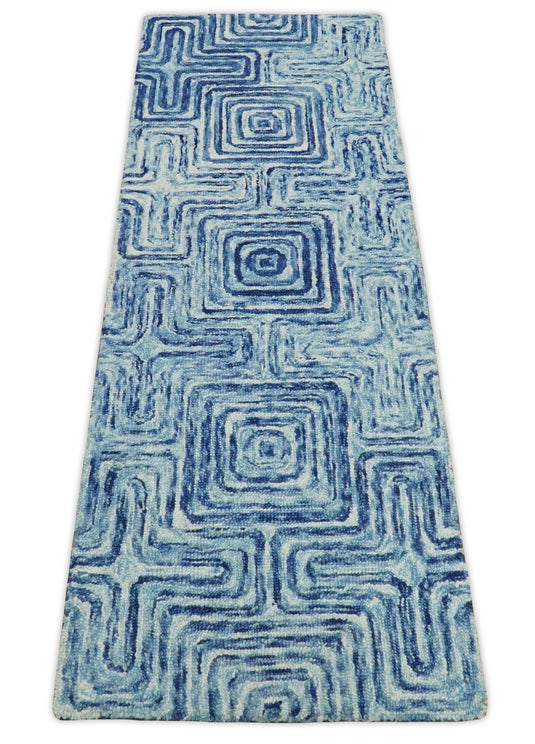Hand Tufted Blue and White Modern Geometric Runner Wool Rug, entryway, hallway, bedside, kids, kitchen and living room rug | MA8