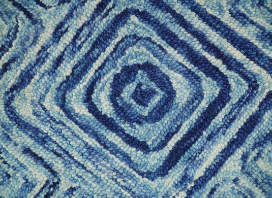 Hand Tufted Blue and White Modern Geometric Runner Wool Rug, entryway, hallway, bedside, kids, kitchen and living room rug | MA8