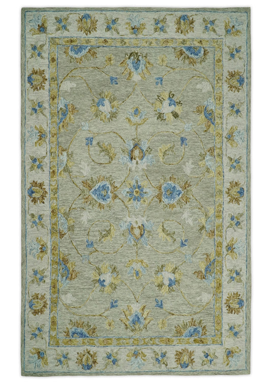 Hand Tufted Persian Style 5X8 Blue and Beige Floral Wool Area Rug, Kids room, Kitchen and bedroom rug | MA24