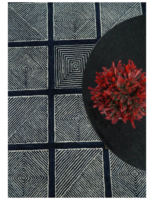 Hand Tufted 5X8 Blue and White Modern Geometric Wool Loop Area Rug, Kids, Living Room, Bedroom and Dinning Rug | MA26