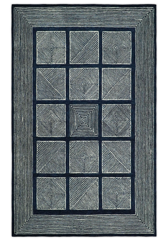 Hand Tufted 5X8 Blue and White Modern Geometric Wool Loop Area Rug, Kids, Living Room, Bedroom and Dinning Rug | MA26
