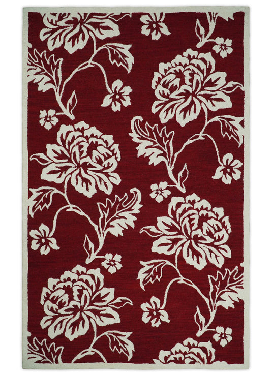 Hand Tufted 5X8 Red and Ivory Persian Style Floral Oriental Wool Area Rug, kids, kitchen, dinning and living room rug | MA30