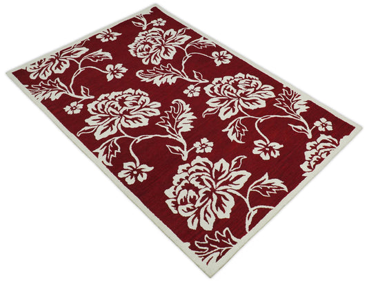 Hand Tufted 5X8 Red and Ivory Persian Style Floral Oriental Wool Area Rug, kids, kitchen, dinning and living room rug | MA30